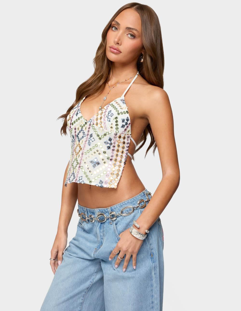 EDIKTED Embroidered Sequin Backless Top - WHITE - XS | Tillys