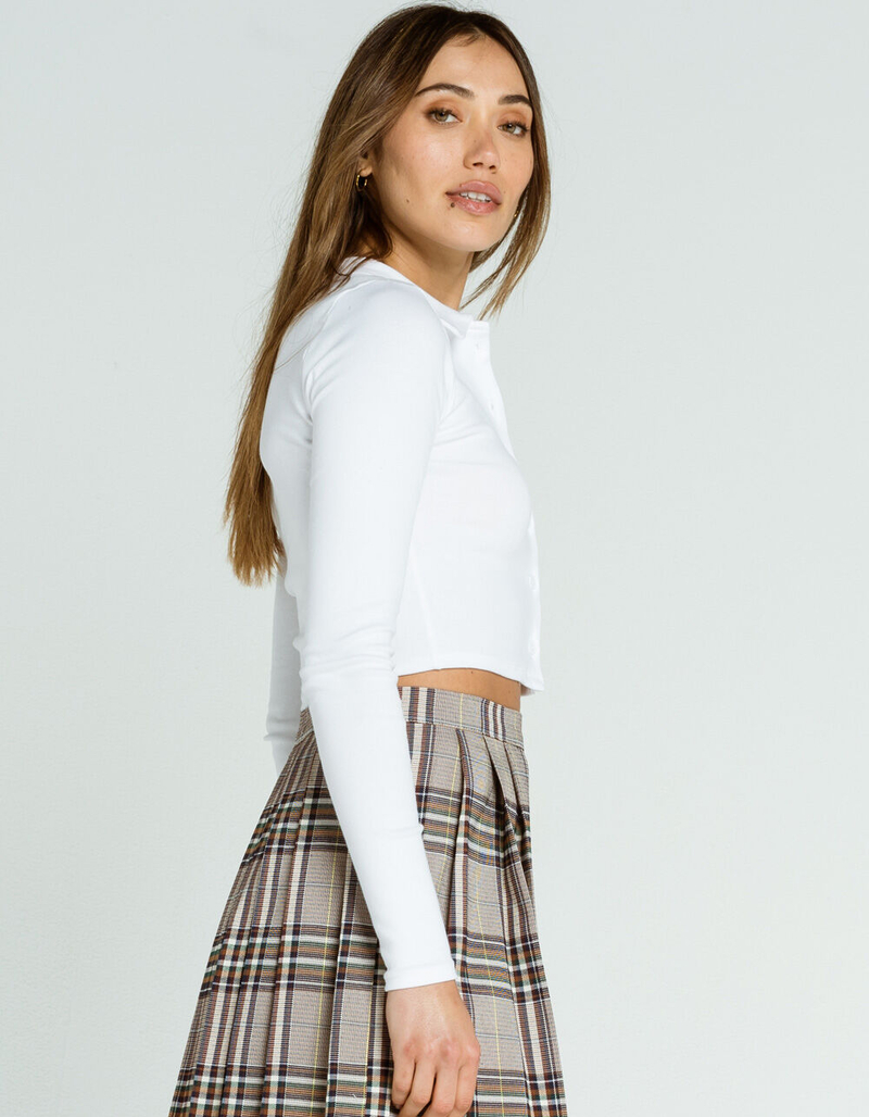 FULL TILT Button Front Womens White Crop Polo Shirt image number 1