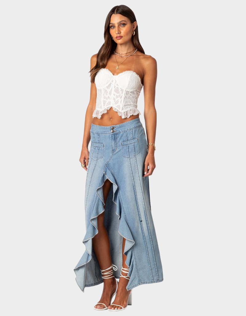 EDIKTED Valencia Ruffle Slitted Denim Maxi Skirt image number 1