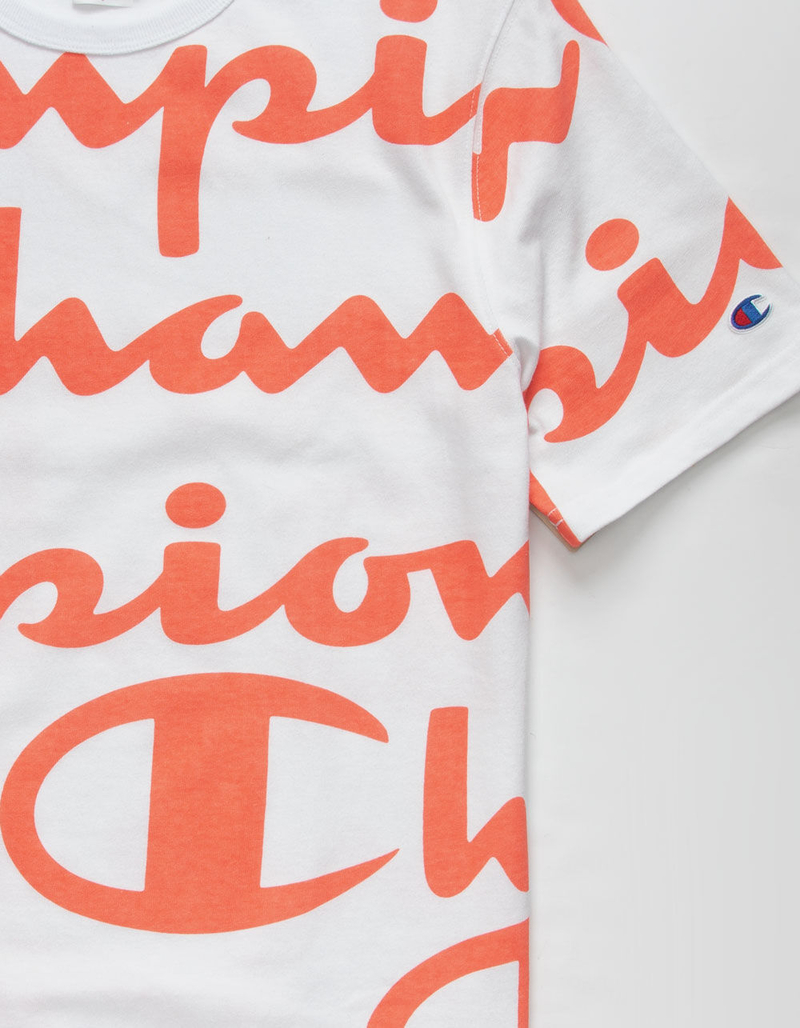 CHAMPION Allover Champion Script Coral & White Mens T-Shirt image number 1