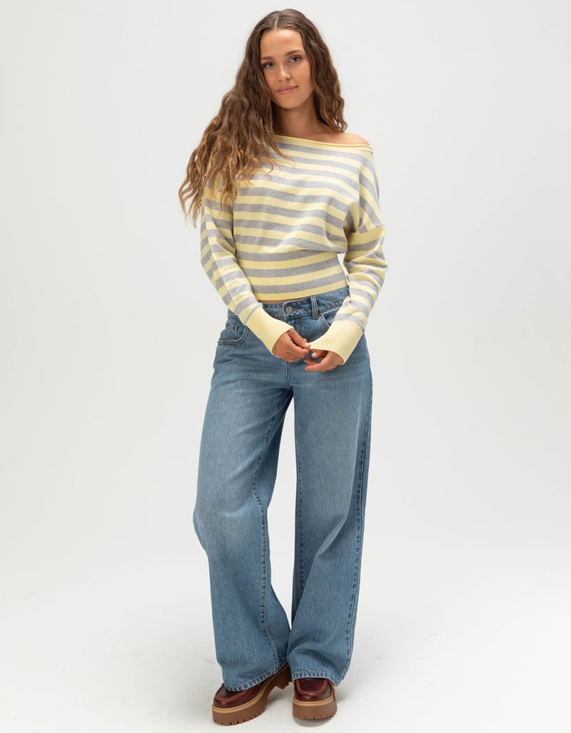 RSQ Womens Off The Shoulder Stripe High Rib Sweater image number 1