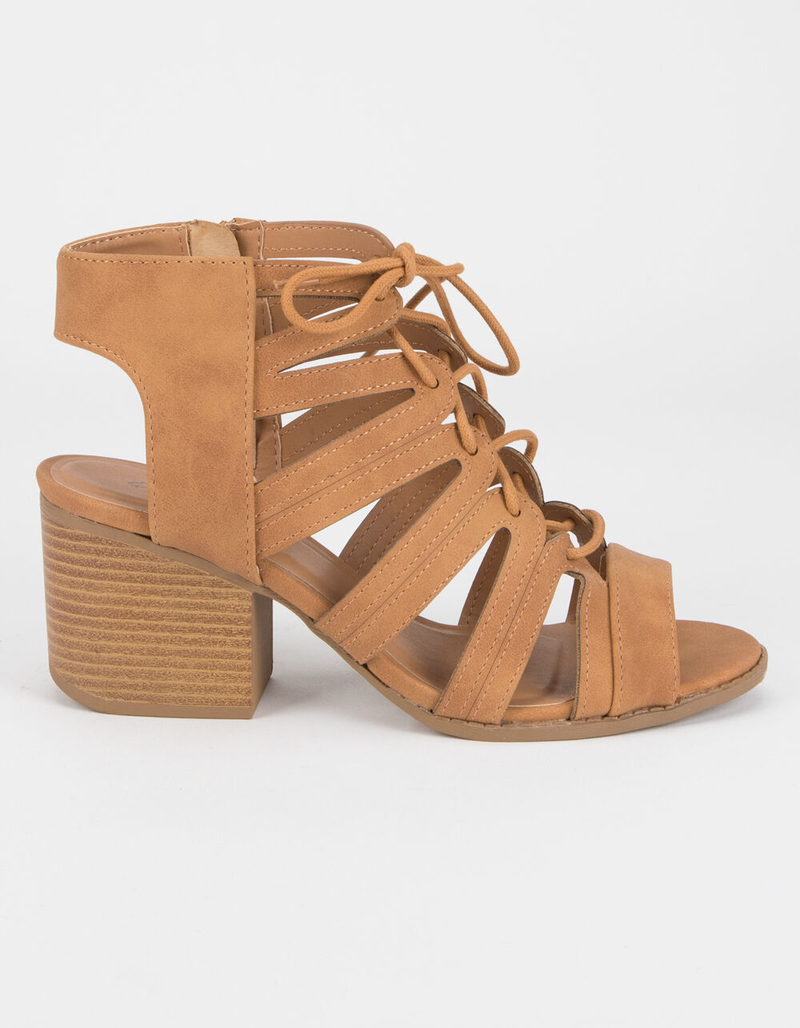 QUPID Lace Up Tan Womens Heeled Sandals image number 1