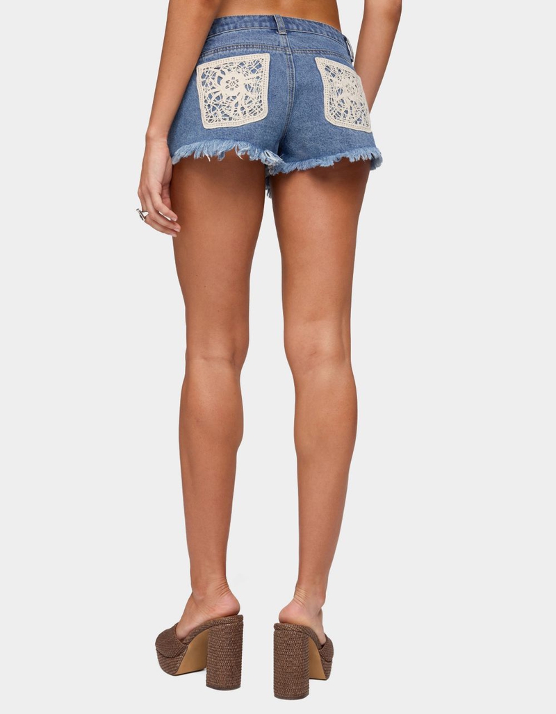 EDIKTED Crochet Pockets Low Rise Denim Micro Shorts image number 2