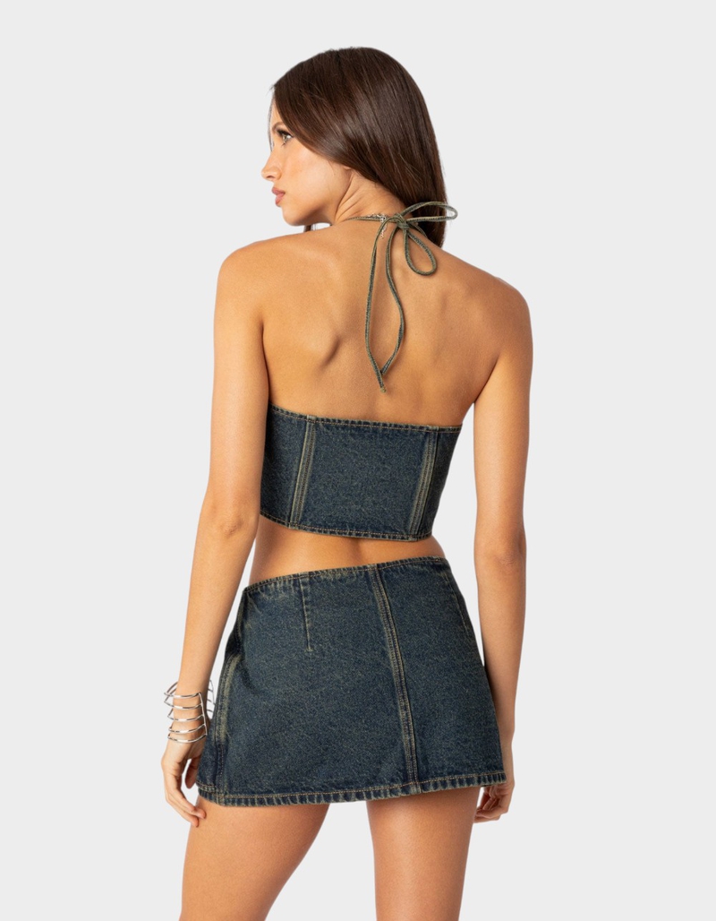 EDIKTED Elara Washed Denim Lace Up Corset image number 3
