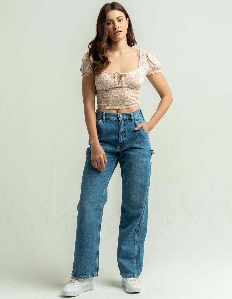 SKY AND SPARROW Ditsy Womens Cream Tie Front Smock Top image number 3