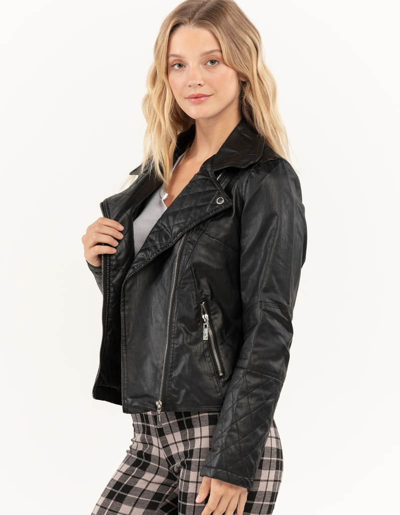 JOU JOU Womens Quilt Faux Leather Moto Jacket image number 1