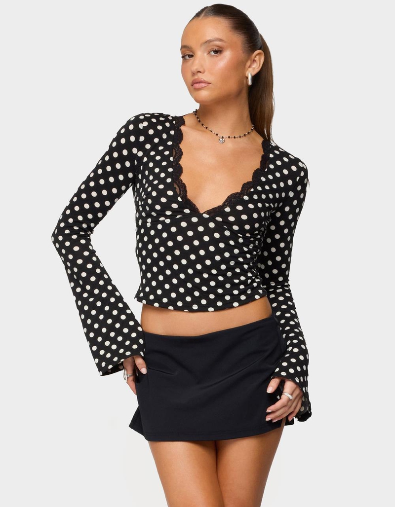 EDIKTED Polka Dot Lacey Plunge Neck Top image number 0