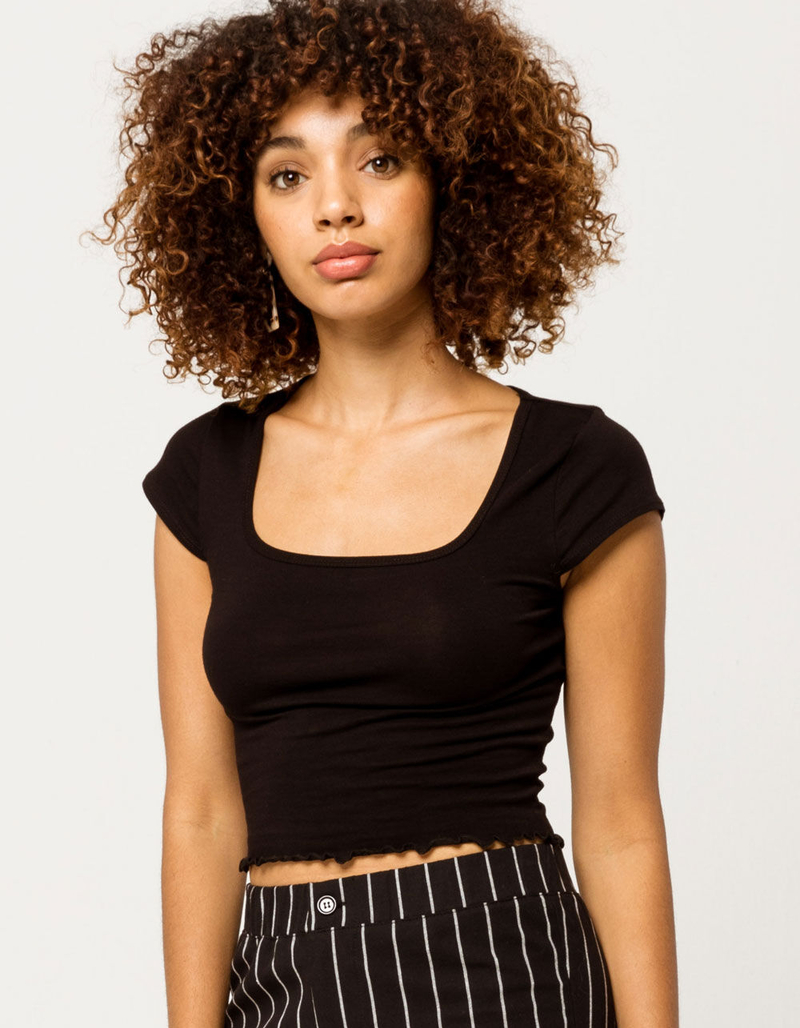 BOZZOLO Square Neck Lettuce Edge Black Womens Tee image number 1