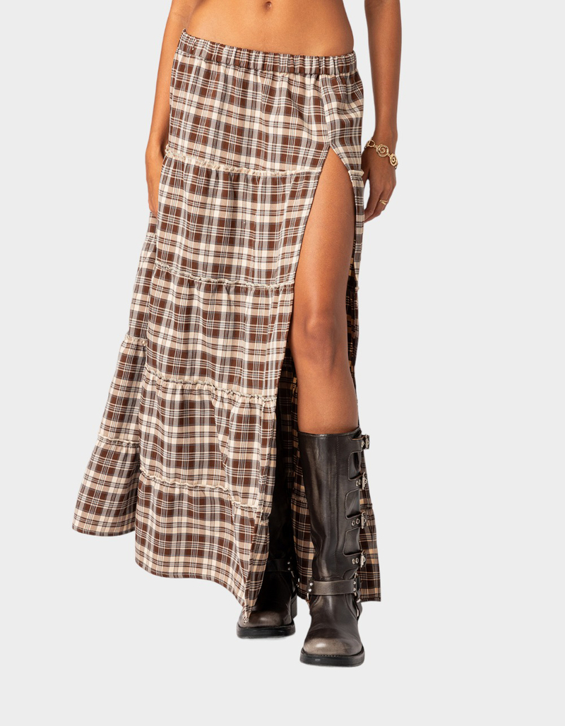EDIKTED Plaid Side Slit Tiered Womens Maxi Skirt image number 0