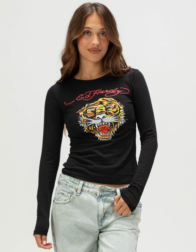 ED HARDY Tiger Head Womens Long Sleeve Baby Tee image number 0