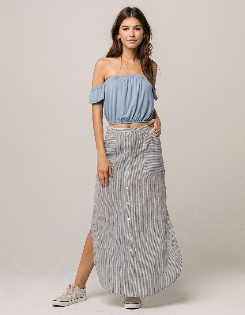 IVY & MAIN Off The Shoulder Light Blue Womens Crop Top image number 3