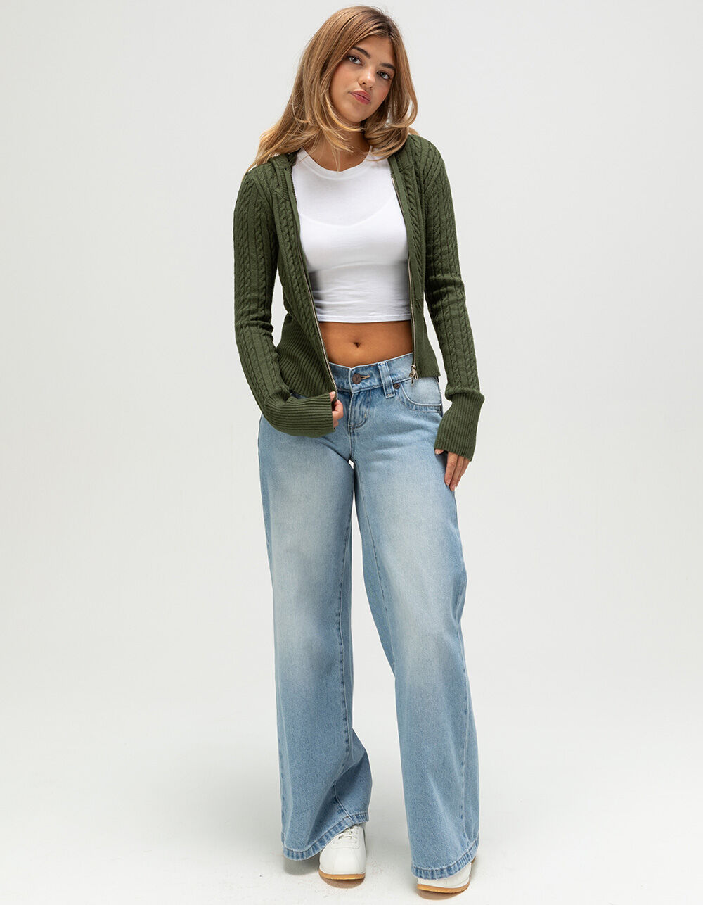 NO COMMENT Cable Knit Womens Zip-Up Hooded Sweater - OLIVE