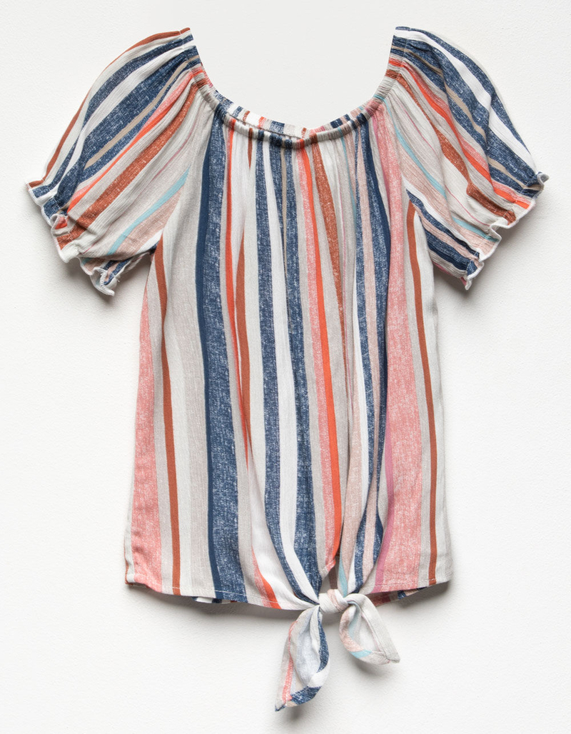 WHITE FAWN Stripe Tie Front Girls Off The Shoulder Top image number 0