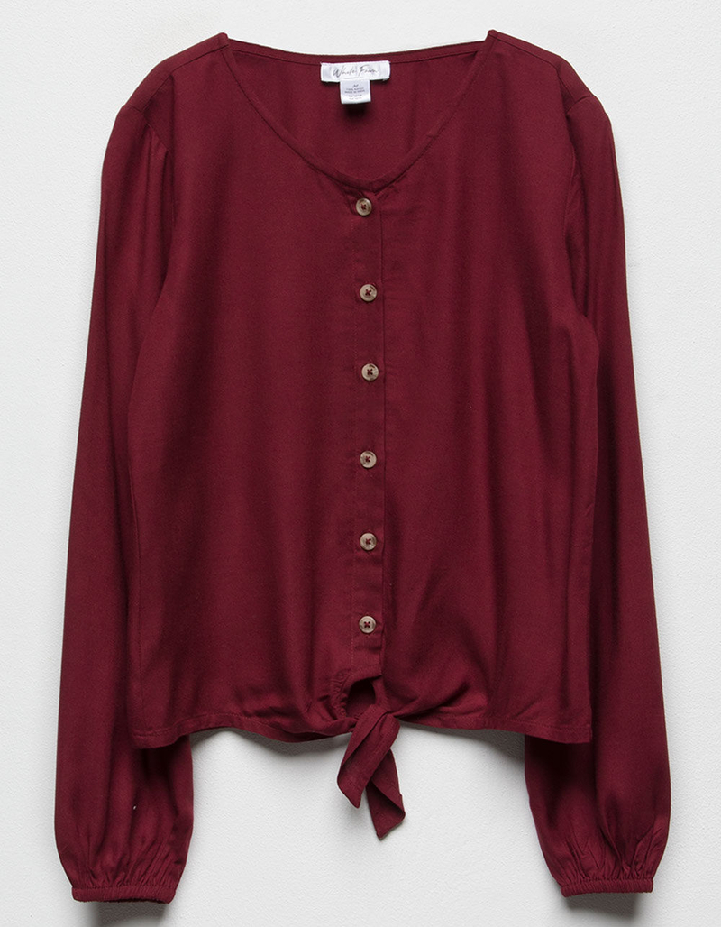 WHITE FAWN Button & Tie Front Burgundy Girls Top image number 0