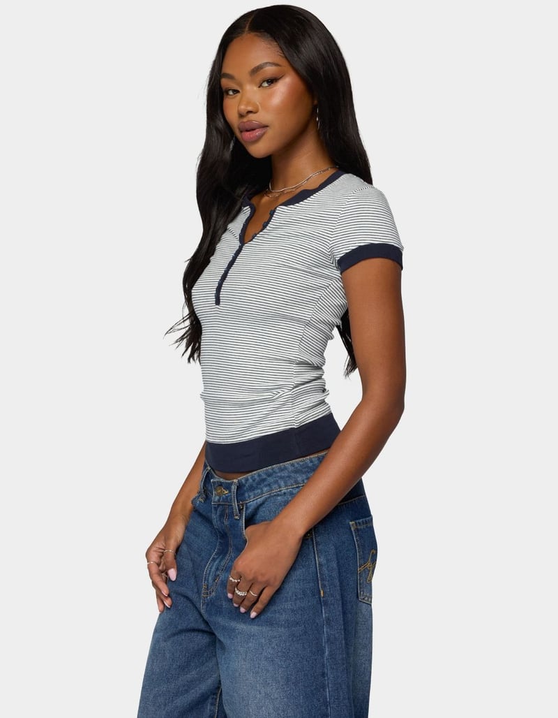 EDIKTED Regin Striped Ribbed Henley Top image number 1