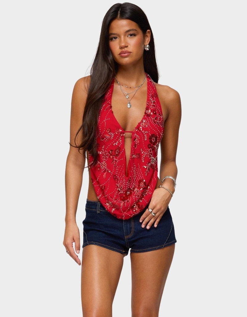 EDIKTED Beaded Chiffon Backless Cowl Neck Top image number 0