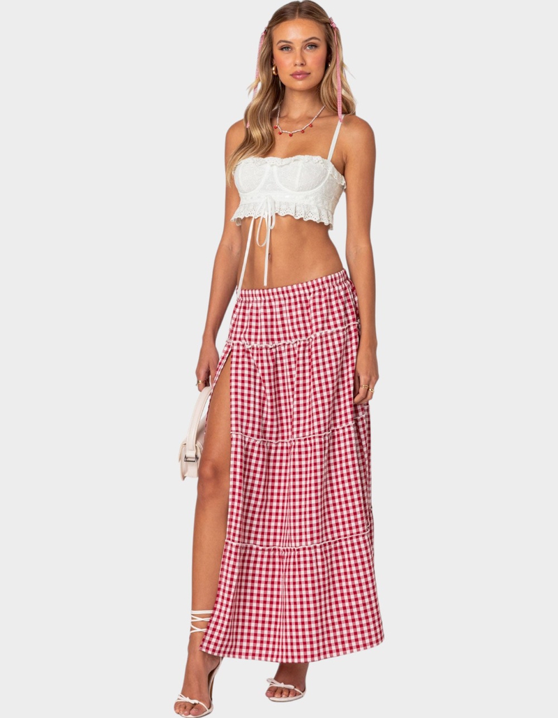 EDIKTED Gingham Side Slit Tiered Maxi Skirt image number 2