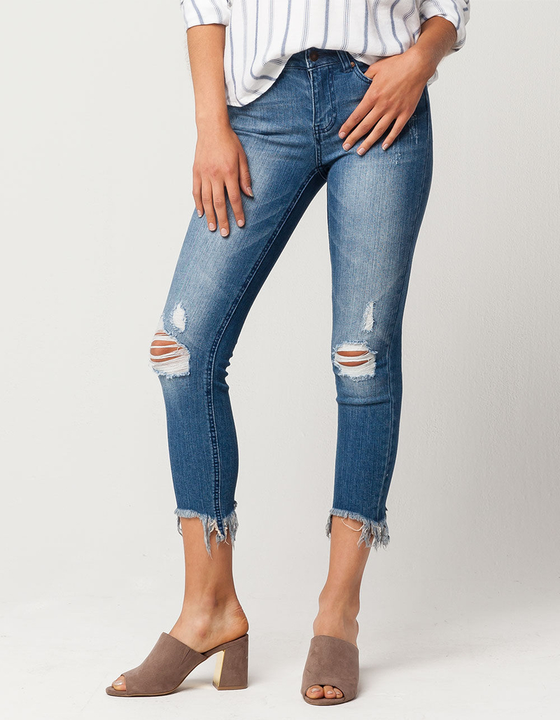 SKY AND SPARROW Fray Ankle Womens Ripped Skinny Jeans image number 0