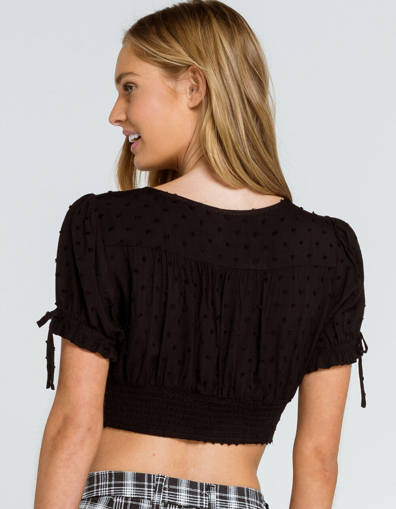 SKY AND SPARROW Ruffle Button Swiss Dot Womens Black Top image number 2