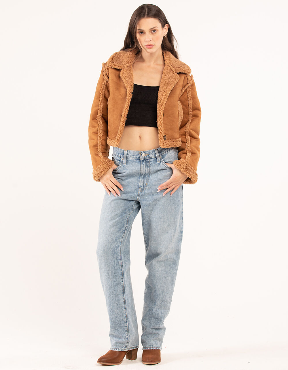 STOOSH Womens Suede Sherpa Jacket - CAMEL - L | Tillys