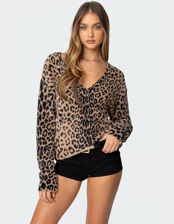 EDIKTED Leopard Printed V-Neck Cardigan Primary Image