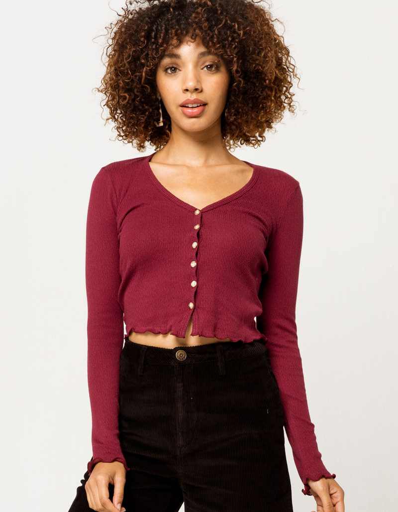 SKY AND SPARROW Solid Pointelle Burgundy Womens Knit Top image number 0