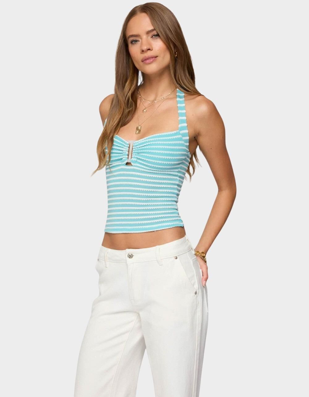 EDIKTED Lovina Textured Striped Halter Top - BLUE - XL | Tillys