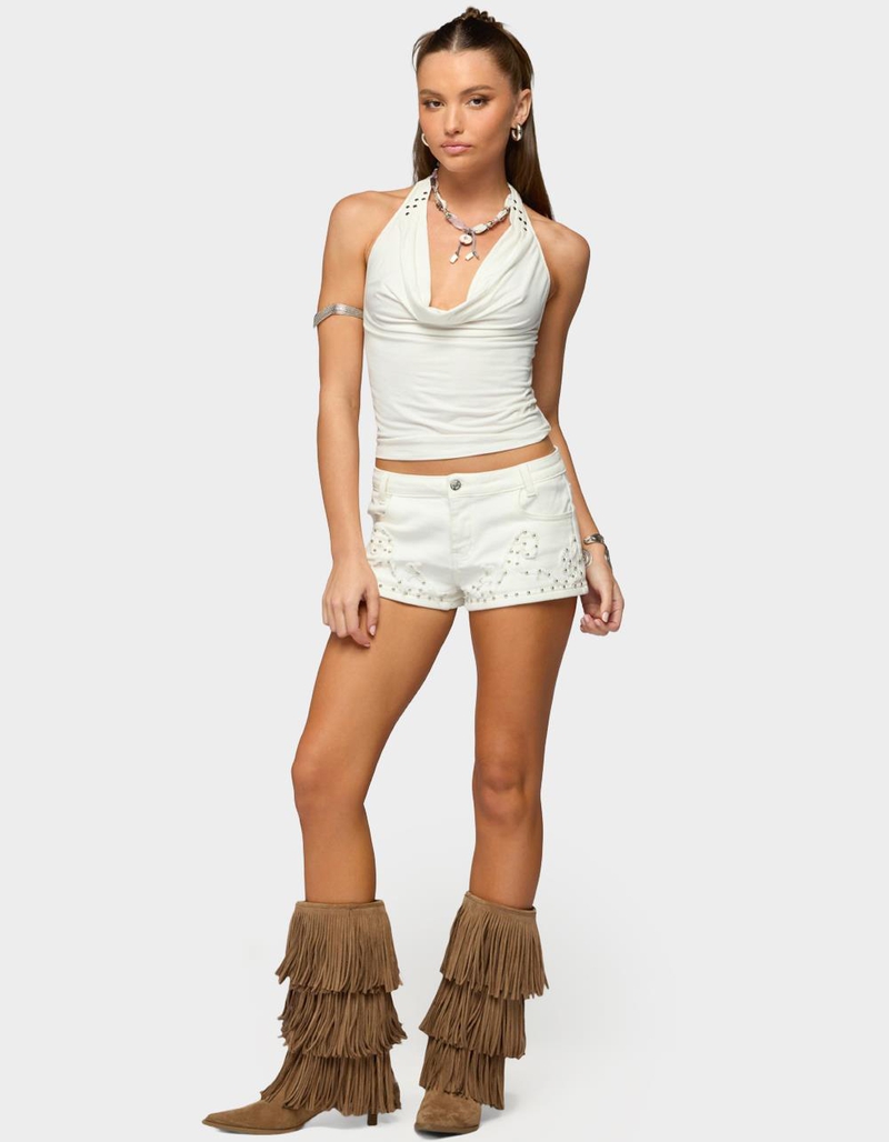 EDIKTED Studded Patchwork Low Rise Denim Shorts image number 3