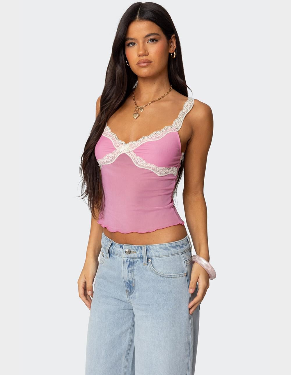 EDIKTED Contrast Lacey Mesh Tank Top - PINK | Tillys