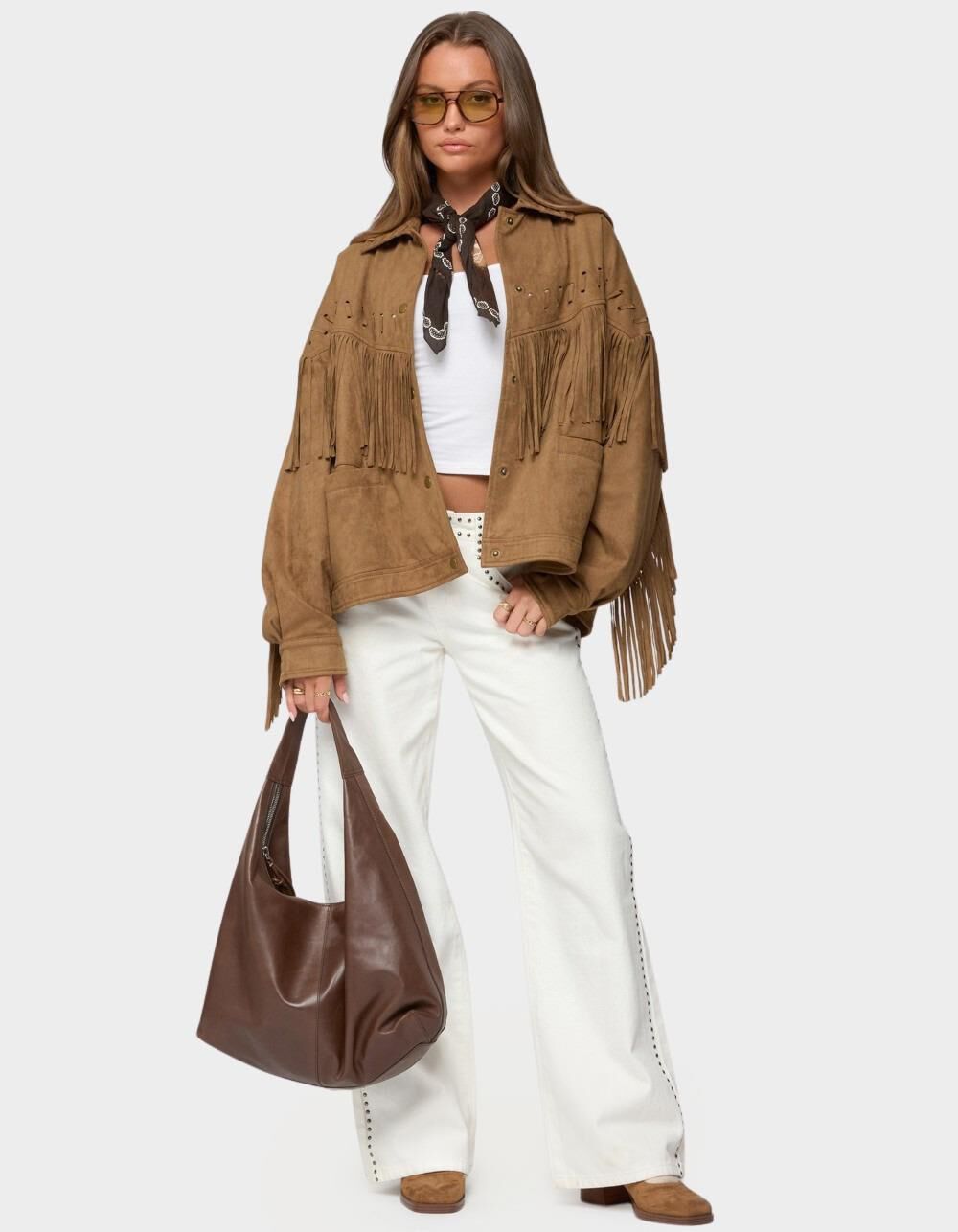 EDIKTED Evonka Fringe Faux Suede Jacket - BROWN | Tillys