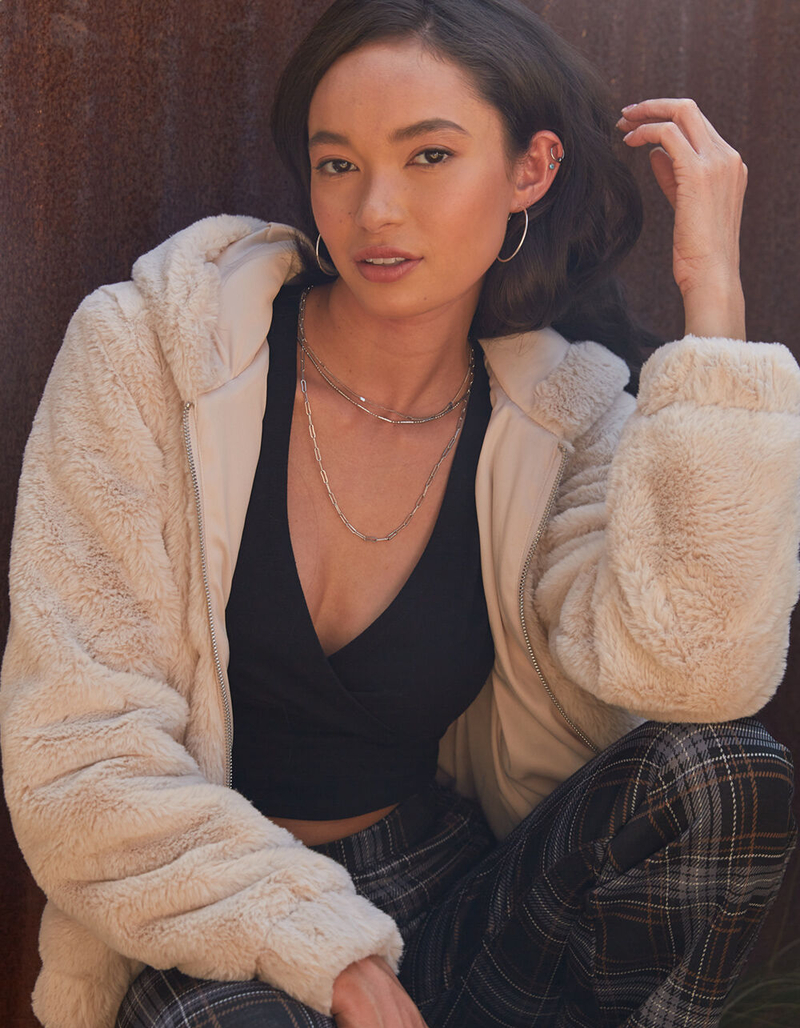 FULL TILT Fur Hooded Womens Tan Bomber Jacket image number 0