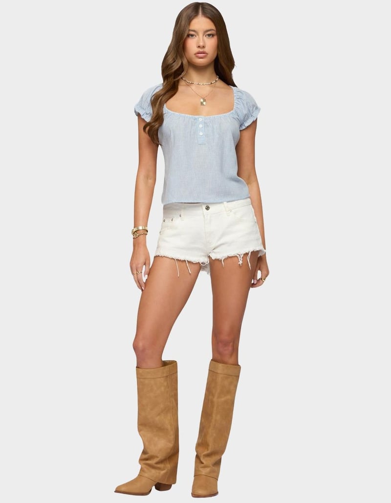 EDIKTED Frayed Vintage Washed Denim Shorts image number 3