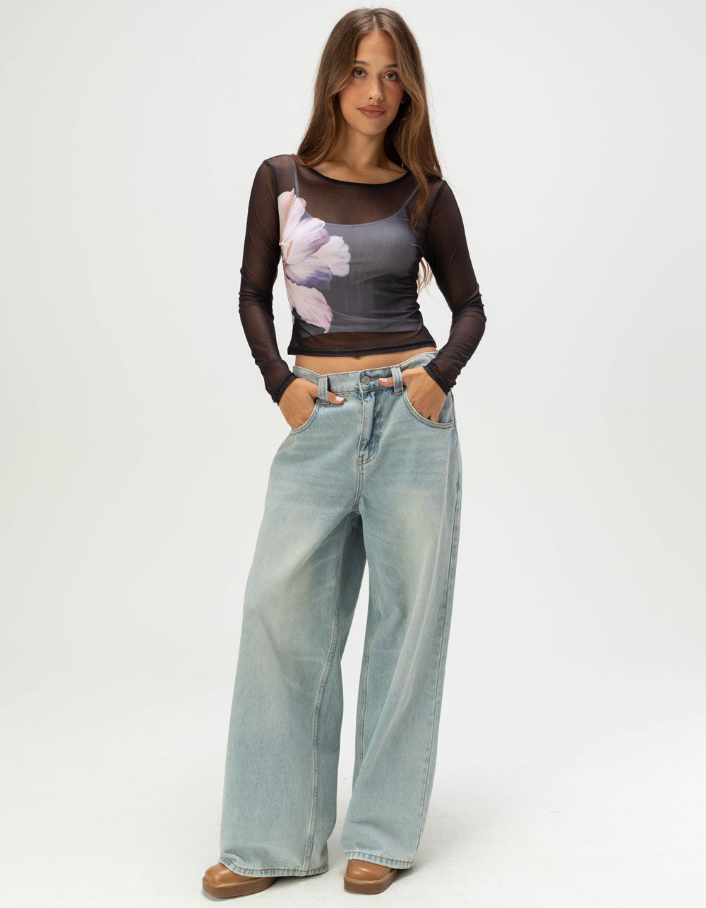 FULL TILT Flower Womens Long Sleeve Mesh Top - BLACK - XXS | Tillys