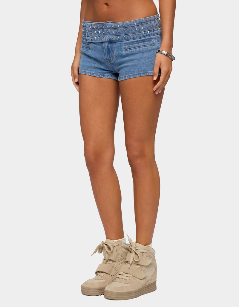 EDIKTED Odetta Studded Low Rise Denim Shorts image number 1