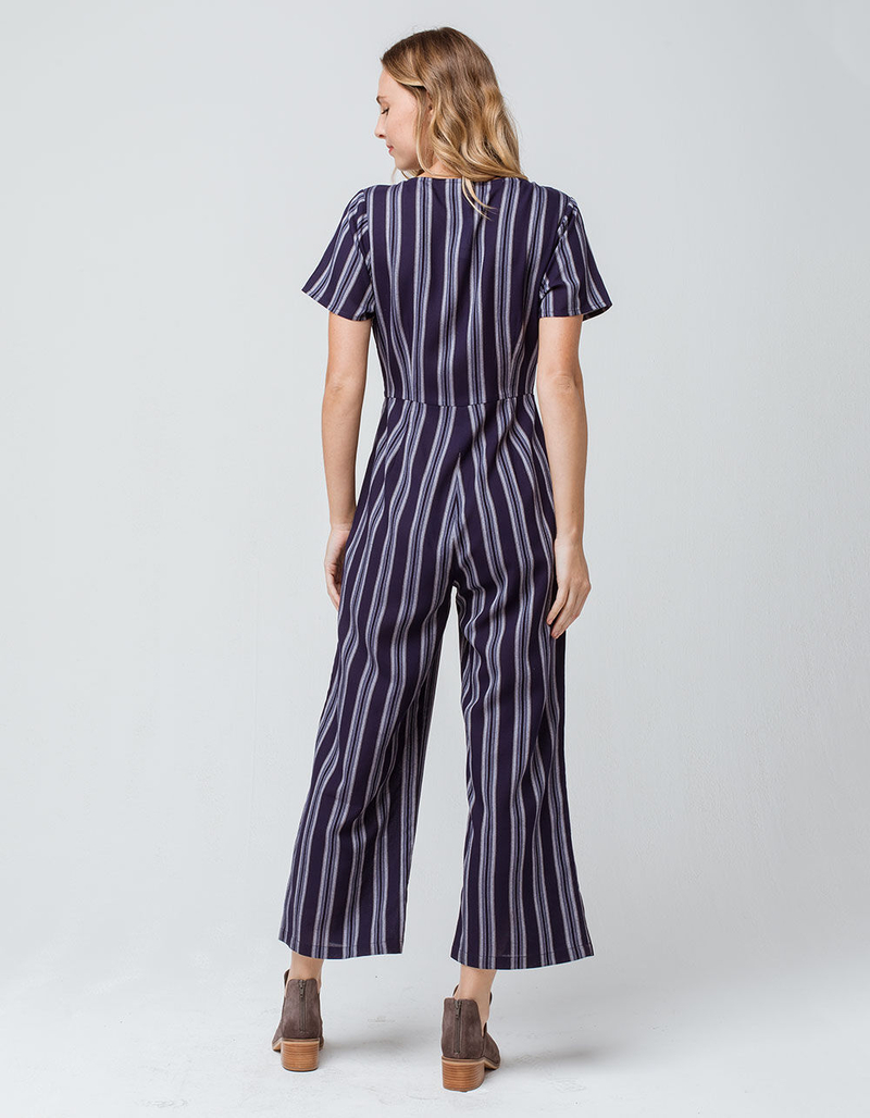 SKY AND SPARROW Stripe Button Front Navy Womens Jumpsuit image number 2