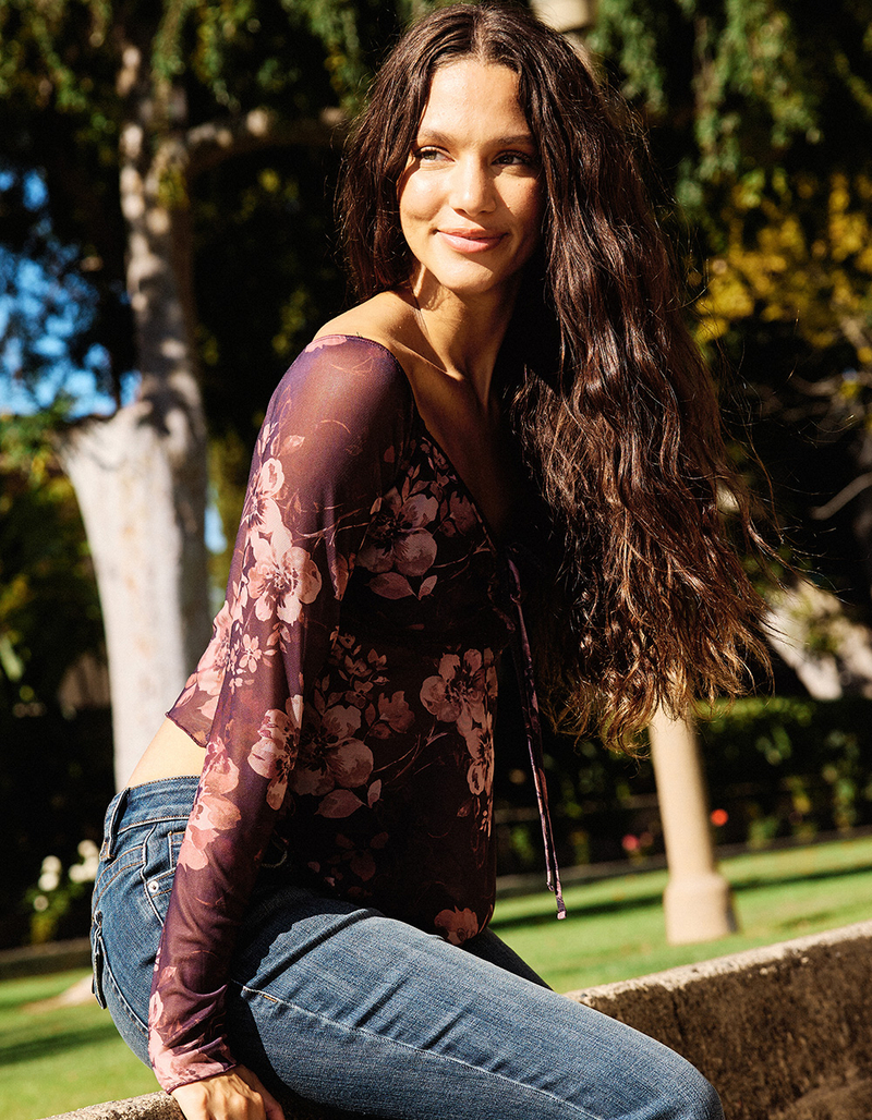 FULL TILT Floral Mesh Womens Hanky Top image number 5