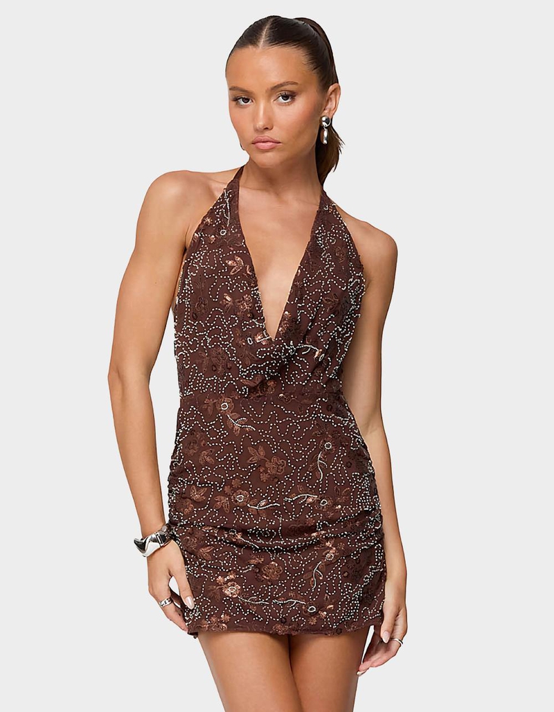 EDIKTED Beaded Cowl Neck Halter Mini Dress image number 0