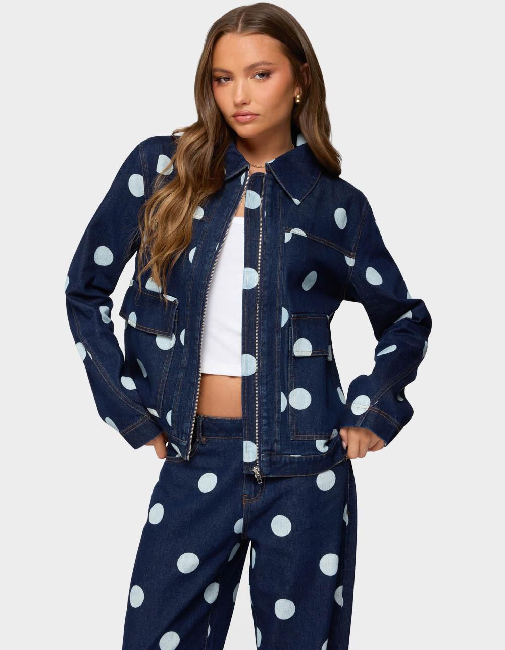 EDIKTED Leyah Polka Dot Oversized Denim Jacket - DARK BLUE | Tillys