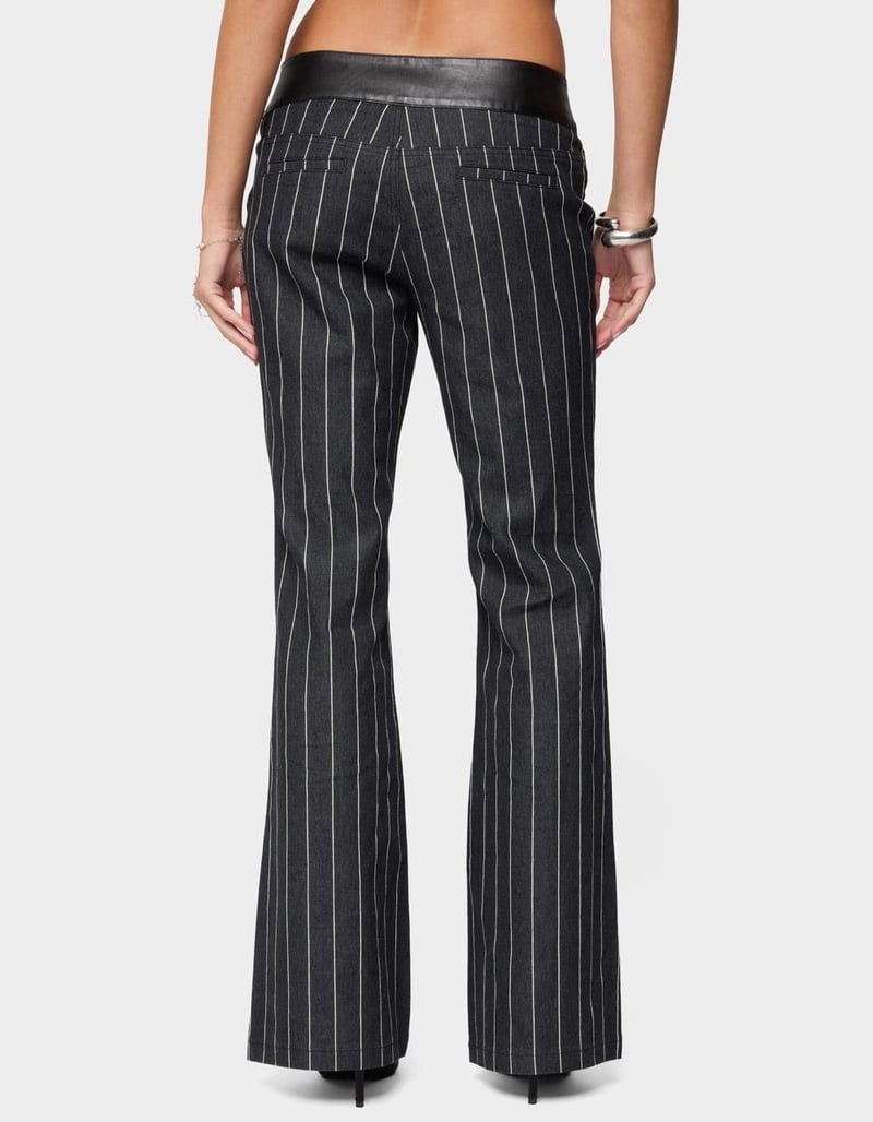 EDIKTED Pinstripe & Faux Leather Low Rise Flared Jeans image number 2