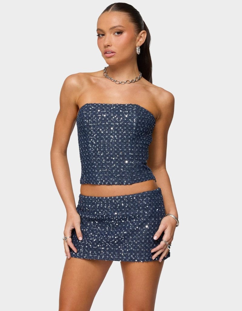 EDIKTED Sora Sequin Distressed Denim Corset image number 0