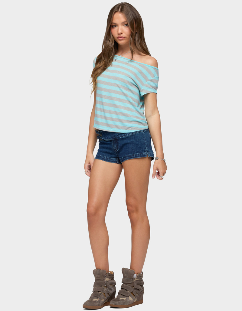 EDIKTED Double Belted Low Rise Denim Shorts image number 3