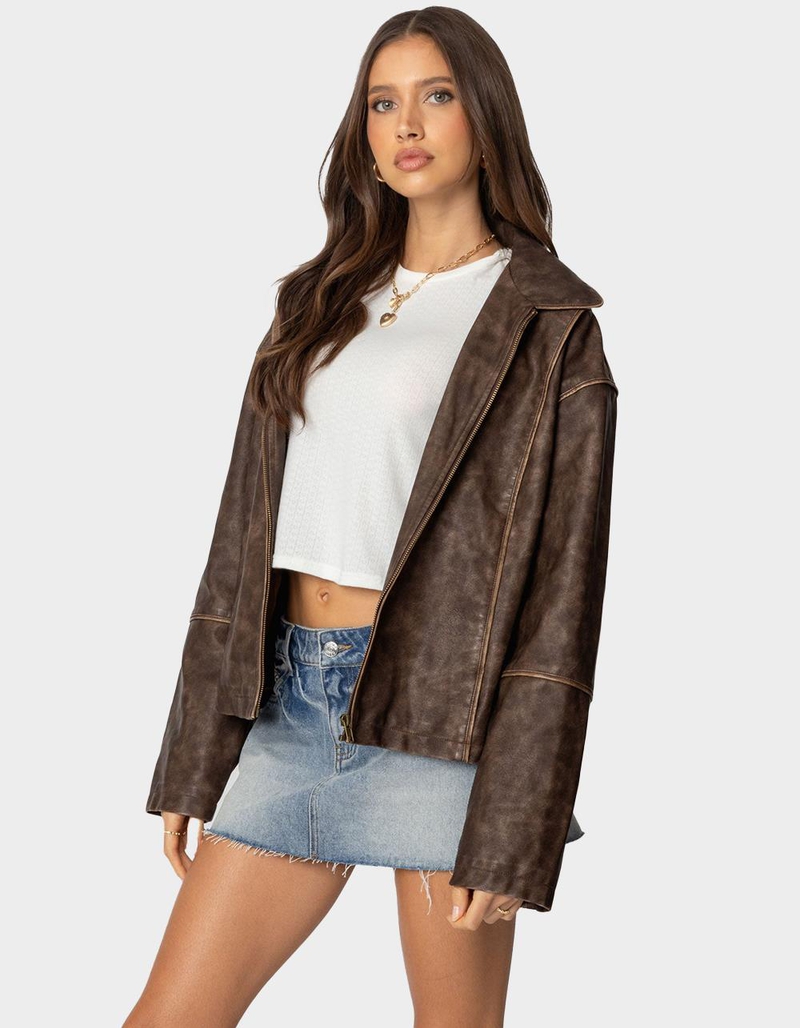 EDIKTED Oversized Washed Faux Leather Jacket image number 2