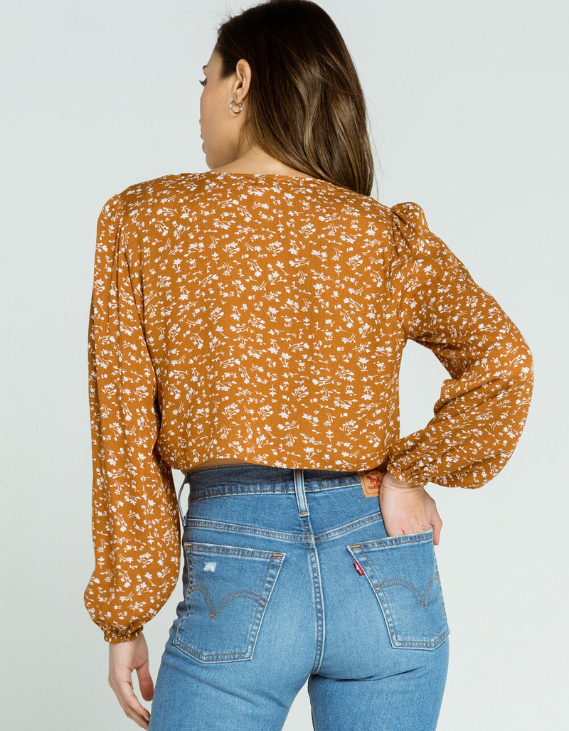 FULL TILT Tie Front Womens Mustard Peasant Top image number 2