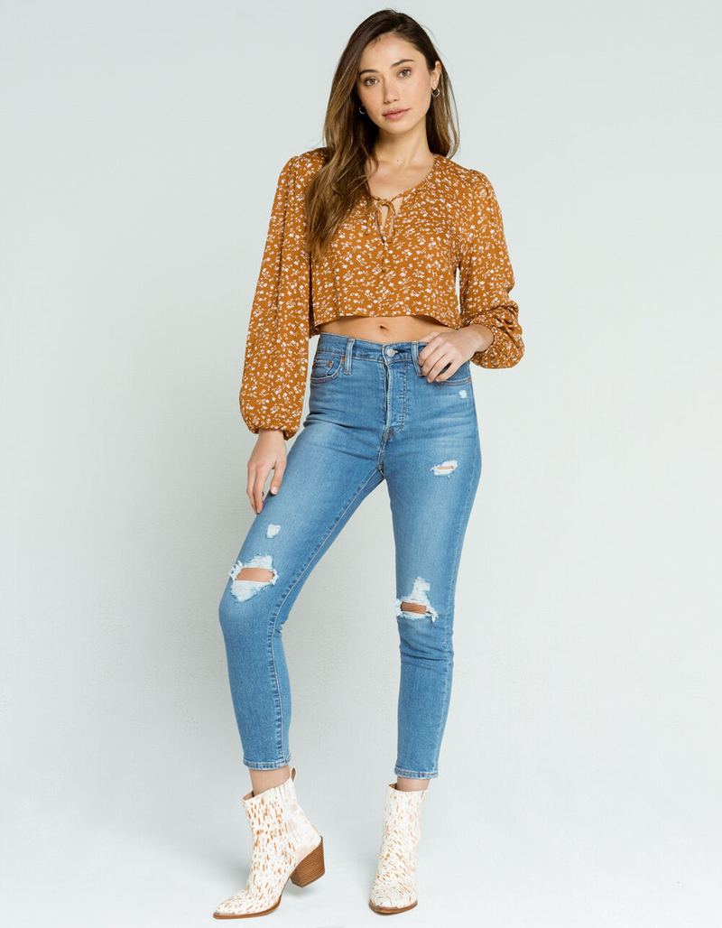 FULL TILT Tie Front Womens Mustard Peasant Top image number 3