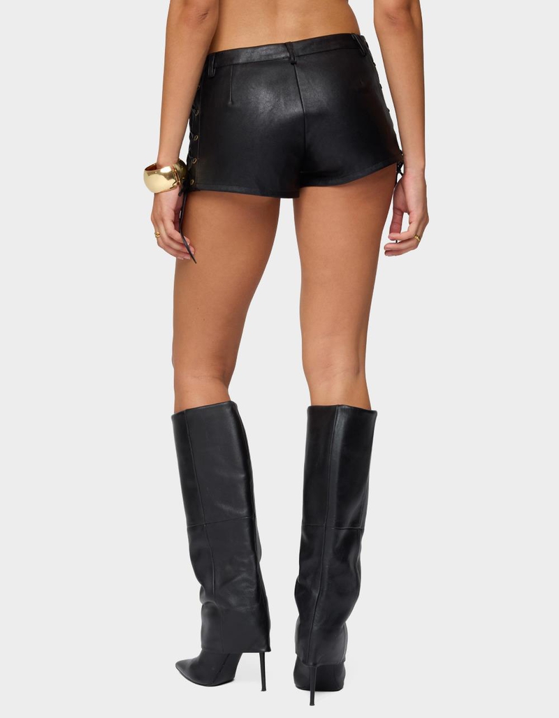 EDIKTED Kariss Lace Up Faux Leather Micro Shorts image number 2