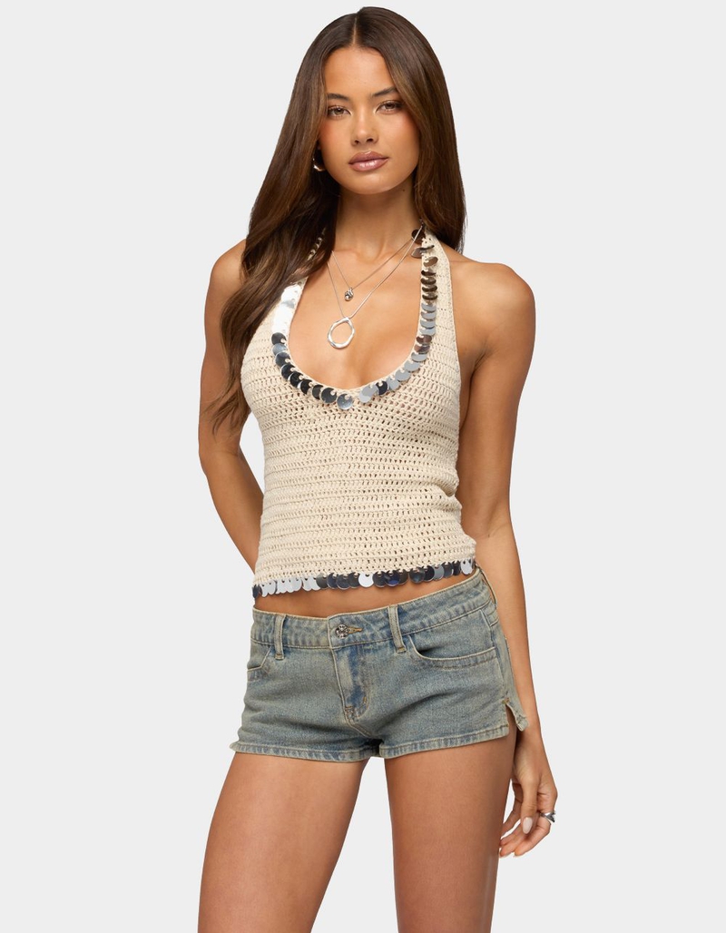 EDIKTED Kimiko Sequin Crochet Halter Top image number 0