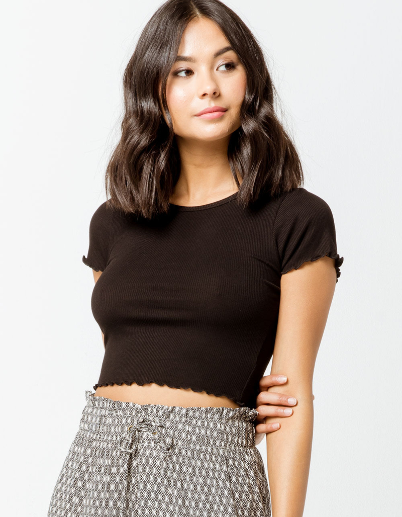 BOZZOLO Ribbed Lettuce Edge Black Womens Crop Tee image number 0