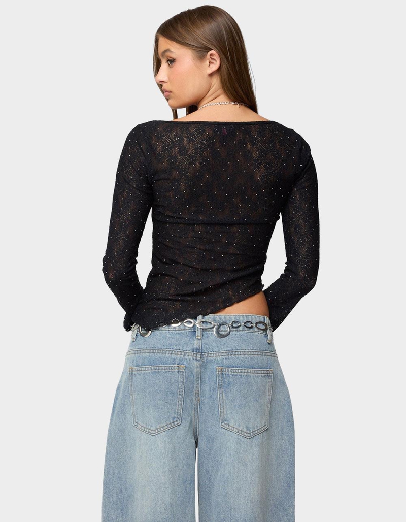 EDIKTED Mare Asymmetric Gem Sheer Lace Top image number 2