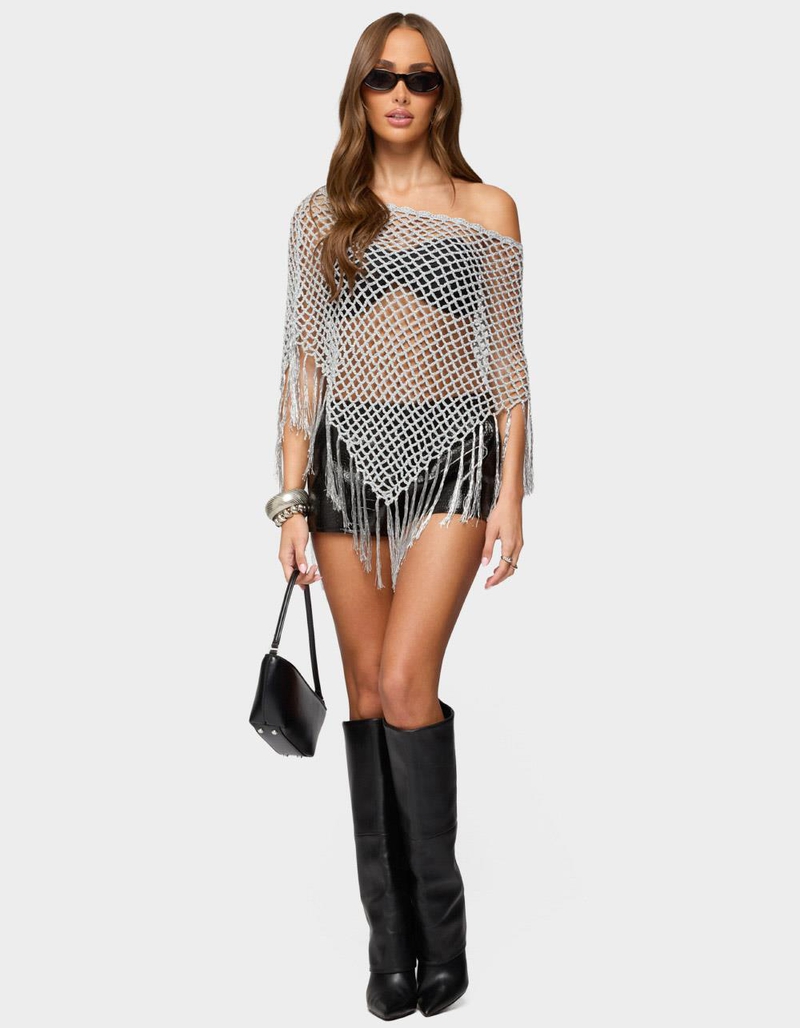 EDIKTED Evette Fringe Open Knit Metallic Poncho image number 4