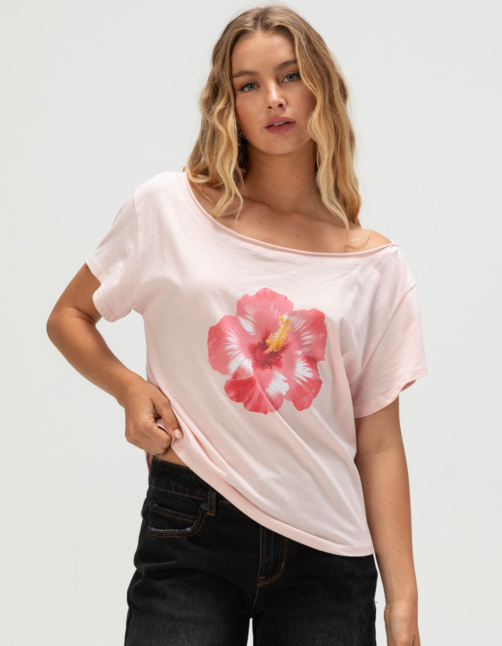 RSQ Womens Off The Shoulder Hibiscus Tee - PINK - XL | Tillys